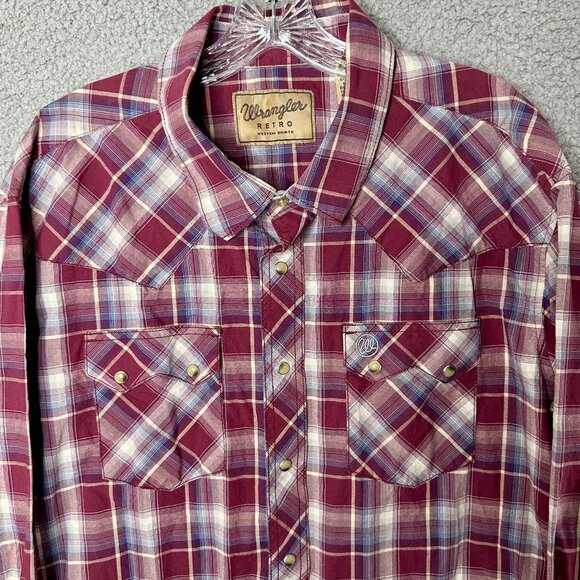 Wrangler Retro XXL Pearl Snap Western Shirt Red Blue Plaid Cowboy Rodeo Ranch - Picture 1 of 13